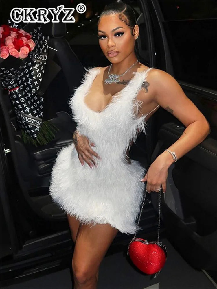 Ladies Summer Feather New Fashion Birthday Party Dress Women Sleeveless Backless Mini Dresses Woman Clothes Club Streetwear 2025