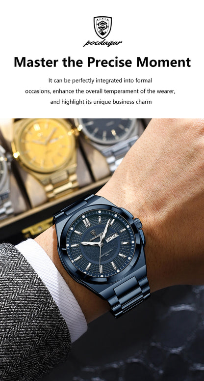 POEDAGAR Top Business Men's Watches Stainless Steel Waterproof Luminous Man Watch Date Week Quartz Casual Fashion Men Wristwatch