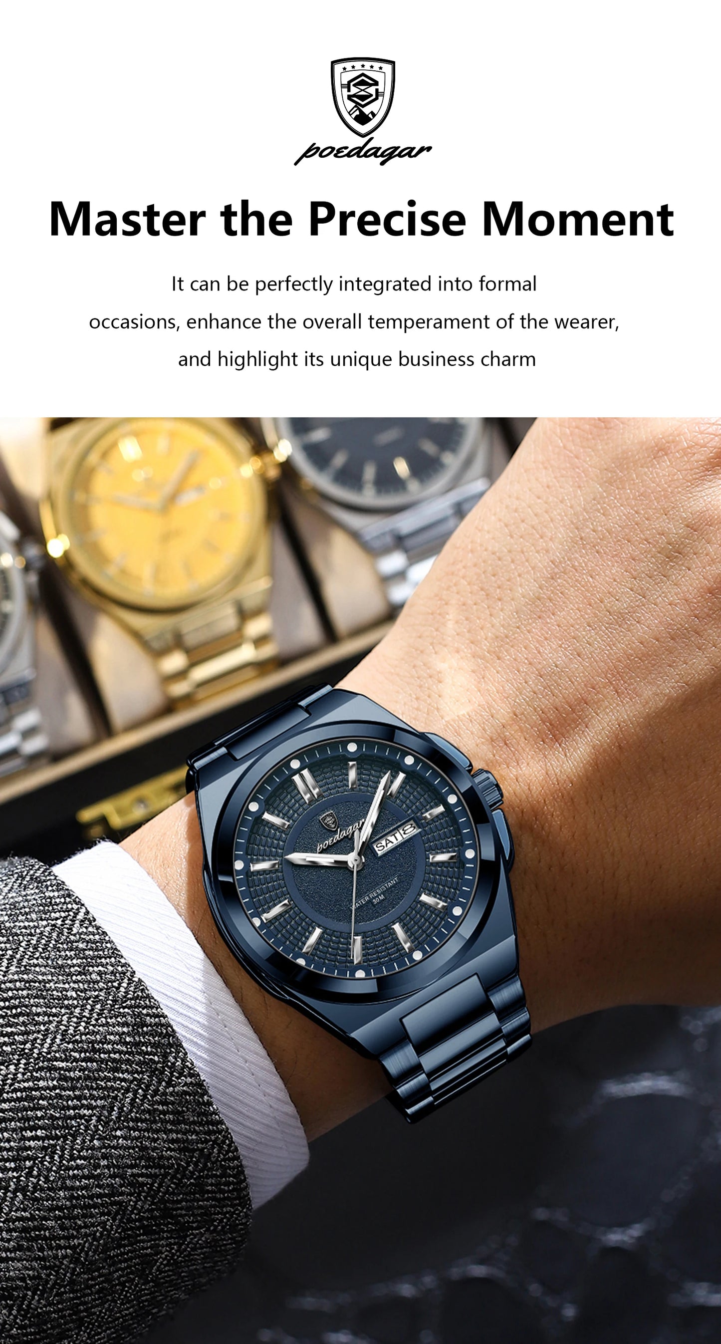 POEDAGAR Top Business Men's Watches Stainless Steel Waterproof Luminous Man Watch Date Week Quartz Casual Fashion Men Wristwatch
