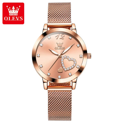 OLEVS 5189 Quartz Watch for Women Diamond Love Heart Design Fashion Elegant Rose Gold Mesh Steel Strap Waterproof Ladies Watches