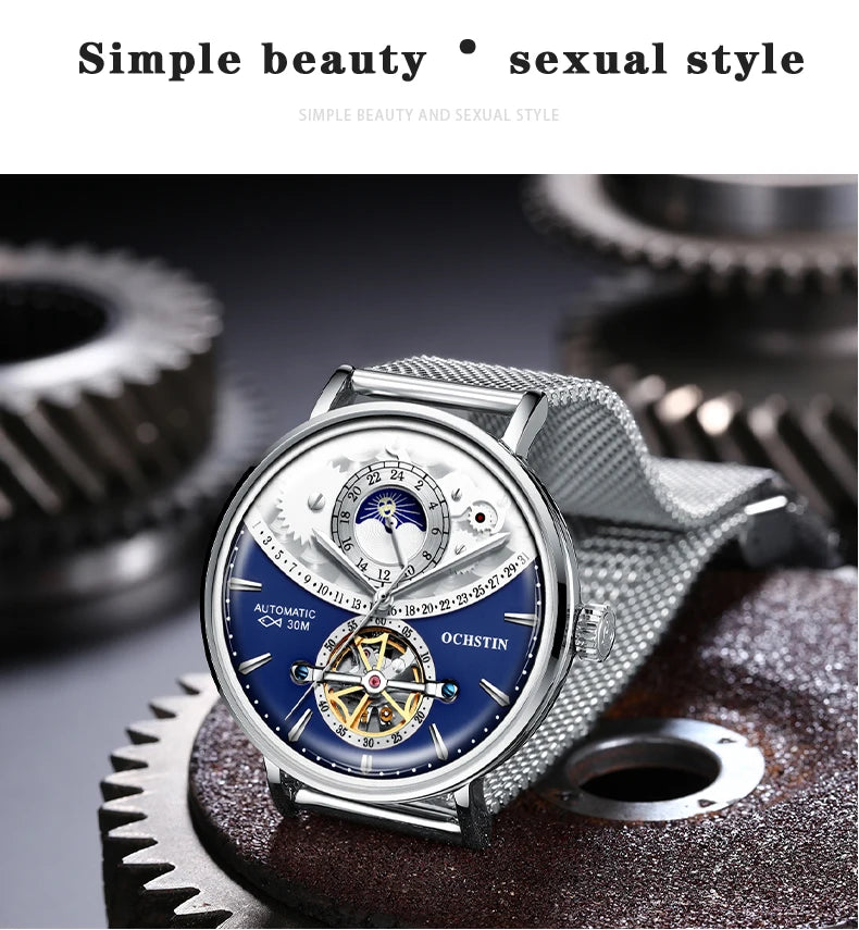 OCHSTIN Men's Stainless Steel Mesh Bracelet Watches Man High-Grade Cooktop Glass Skeleton Mechanical Flying Tourbillon Watch