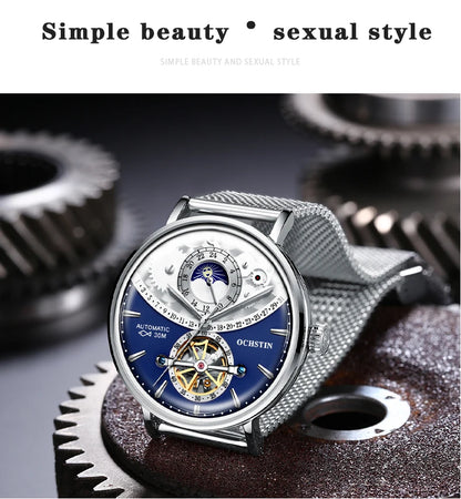 OCHSTIN Men's Stainless Steel Mesh Bracelet Watches Man High-Grade Cooktop Glass Skeleton Mechanical Flying Tourbillon Watch