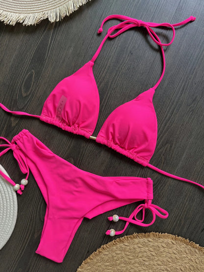 2025 New Sexy Triangle Bathing Suit for Women Brazilian Bikinis Halter Swimwear Push Up Swimsuit Metal Chain Beach Bikini Set