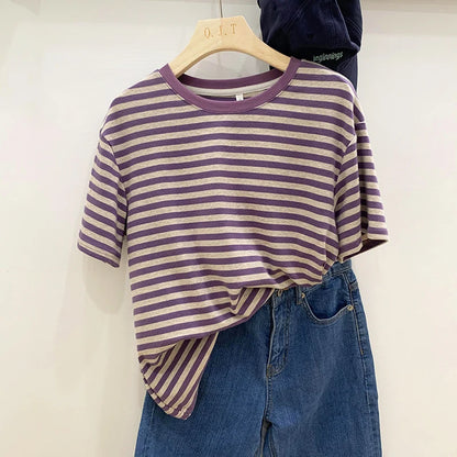 Summer Short Sleeve Striped T-Shirts Versatile Women Knitted Basic Casual Tops Female Cozy Loose Cotton Tees 2023 Harajuku Shirt