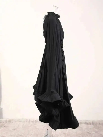 IEQJ Elegant Big Swing Irregular Ruffles Party Maxi Dresses For Women Cloak Sleeves Spliced Lace Up Pleated Dress 2025 New