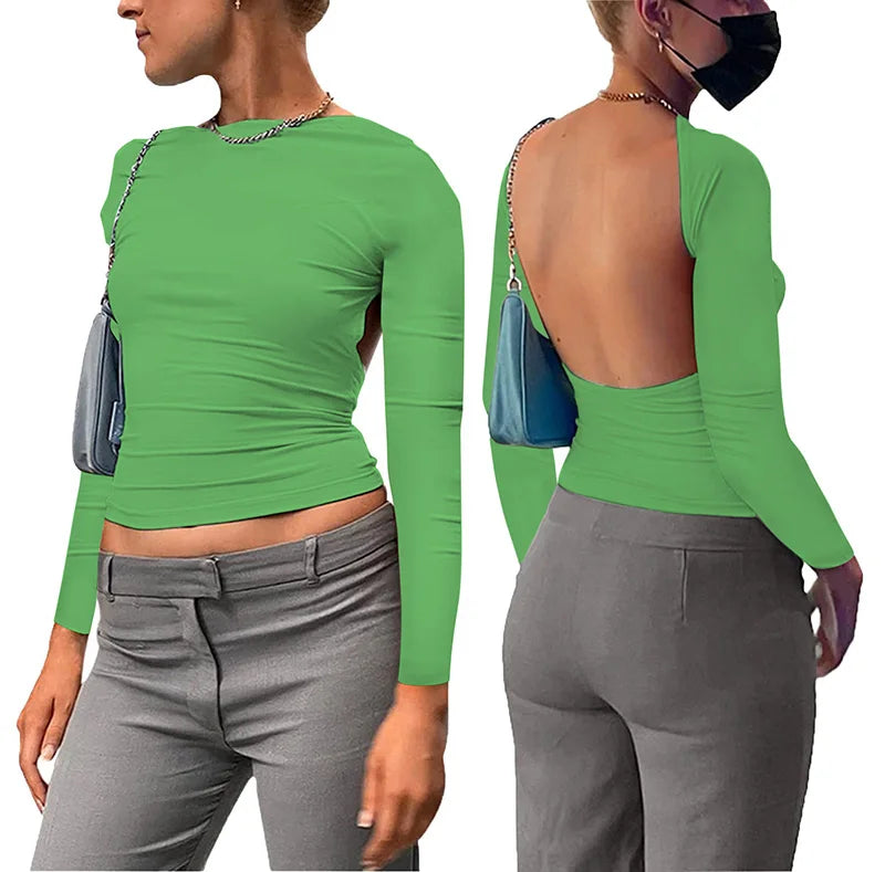 Backless Short Sleeve Blue Y2K Crop Top Women Casual O Neck  Summer T Shirts Sexy Vintage Cut Out