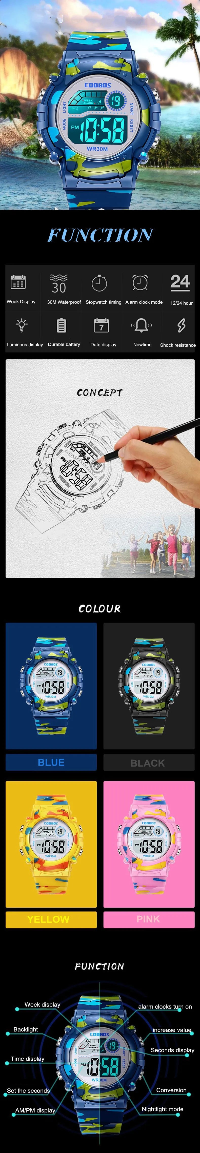 COOBOS Kids Watch Camouflage Sports Electronic Digital Watch Waterproof Multi-function LED Watch For Boys Girls Children Watch
