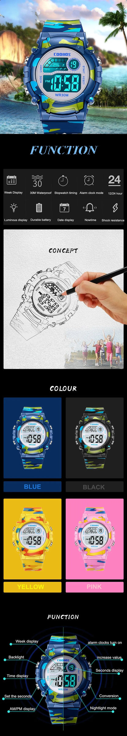 COOBOS Kids Watch Camouflage Sports Electronic Digital Watch Waterproof Multi-function LED Watch For Boys Girls Children Watch