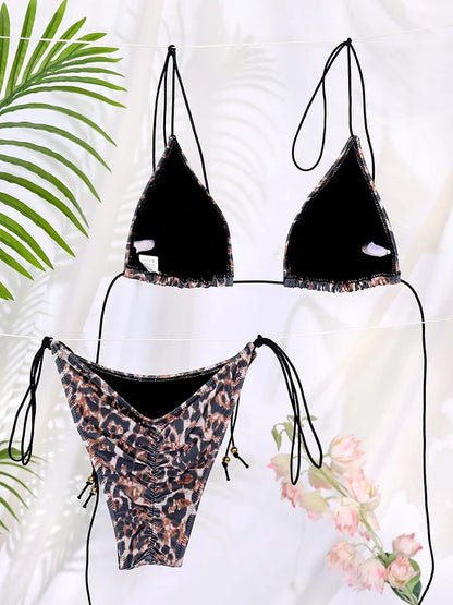 Miyouj 2025 Bikini String Swimsuit Sexy Female Bathsuit Women Swimwear High Cut Bathwear Bandage Biquini Leopard Two Pieces Suit