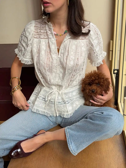 Solid Lapel Lace Patchwork Half Sleeve Shorts Set Women Chic Single Breasted Tops Pockets Pants Suits 2026 Daily Street Outfits