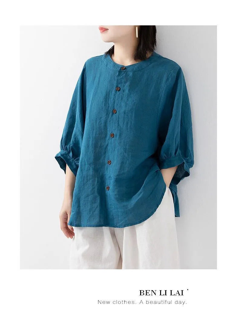 Cotton and linen shirt women's spring and summer thin solid color lantern sleeve stand collar top loose large size shirt