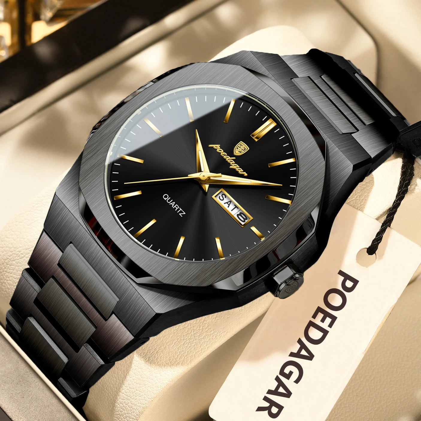 POEDAGAR Fashion Brand Man Clock Luminous Waterproof Stainless Steel Men's Watch Date Week Quartz Business Watches For Men Reloj