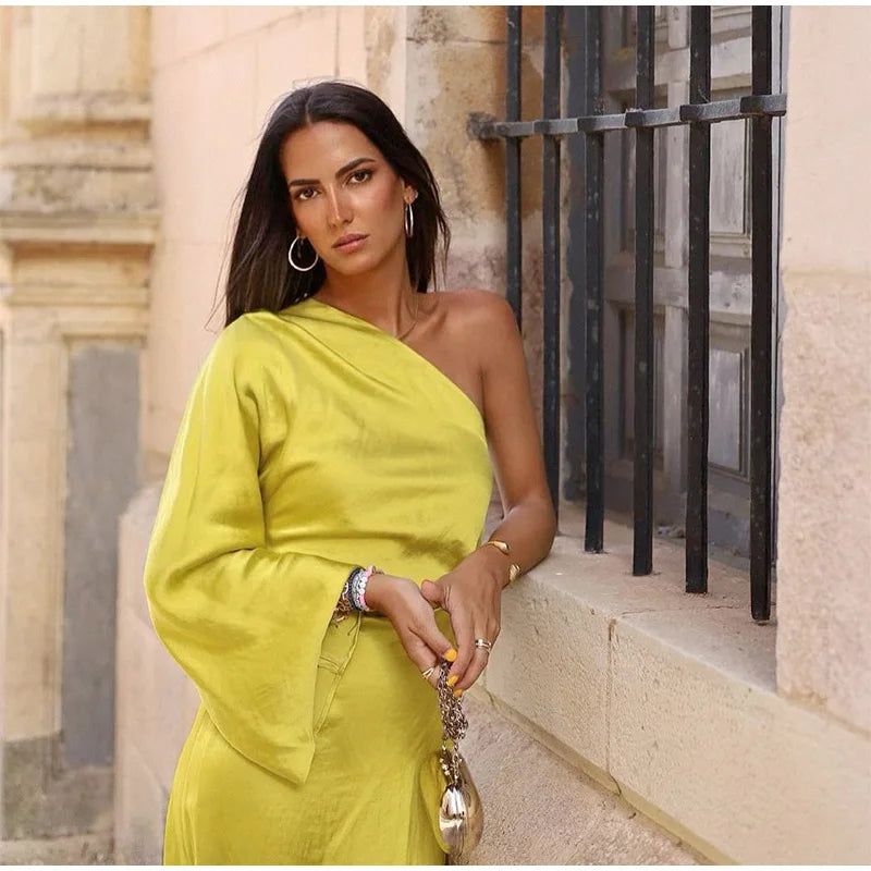 Sexy Women One Shoulder Long Sleeve Dresses Elegant Backless Split Side Slit Bodycon Dress 2023 Fashion Pleated Ladies Robe