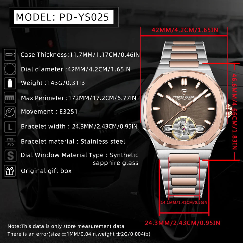 PAGANI DESIGN Tourbillon Men's Watches Rose Gold Top Luxury Automatic Watch For Men Mechanical Wristwatches AR Sapphire Luminous