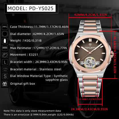 PAGANI DESIGN Tourbillon Men's Watches Rose Gold Top Luxury Automatic Watch For Men Mechanical Wristwatches AR Sapphire Luminous