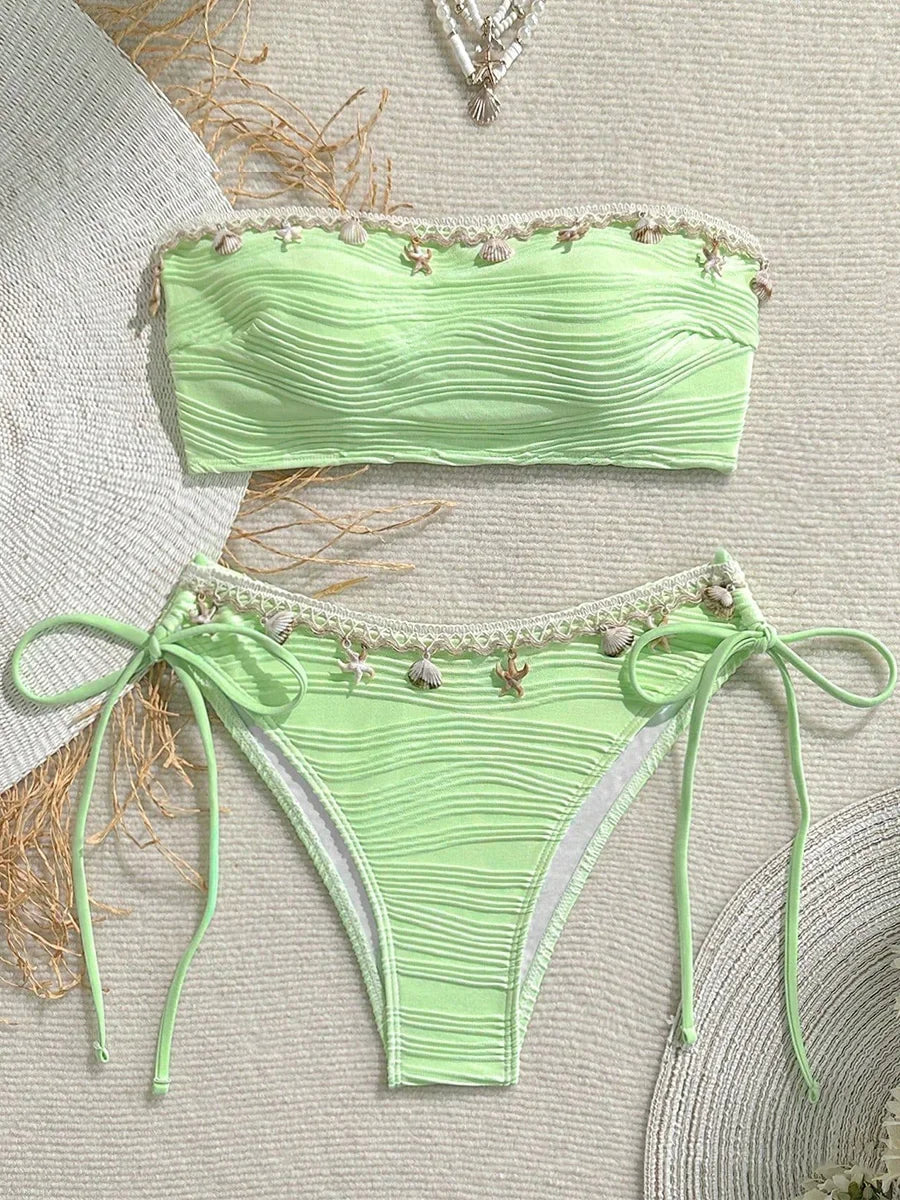 XS - XL Bandeau Wrinkled High Cut Bikini Women Swimwear Female Swimsuit Two-pieces Bikini Set Shell Bather Bathing Suit Swim