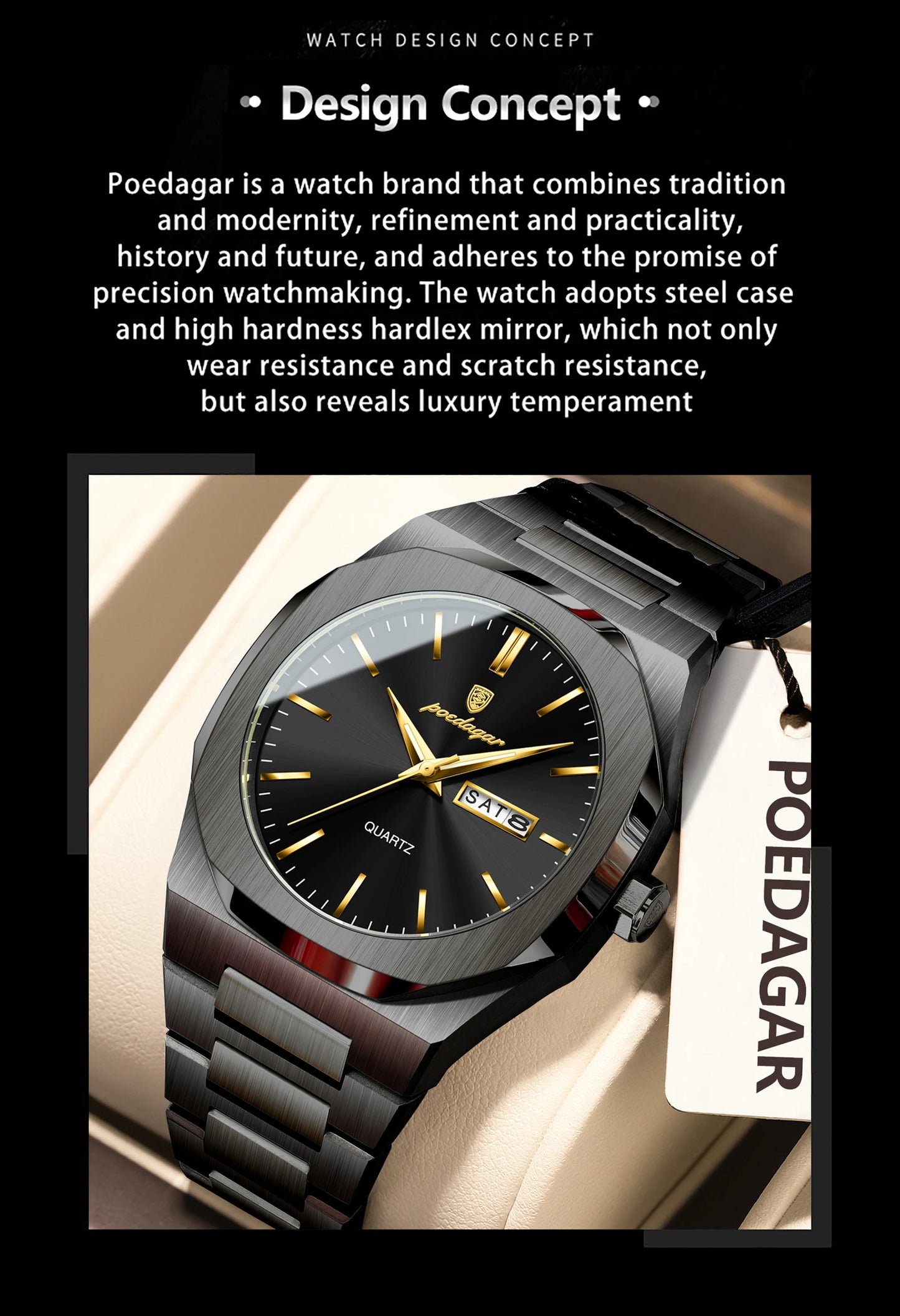 POEDAGAR Fashion Brand Man Clock Luminous Waterproof Stainless Steel Men's Watch Date Week Quartz Business Watches For Men Reloj