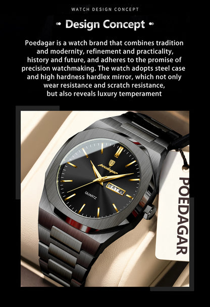 POEDAGAR Fashion Brand Man Clock Luminous Waterproof Stainless Steel Men's Watch Date Week Quartz Business Watches For Men Reloj