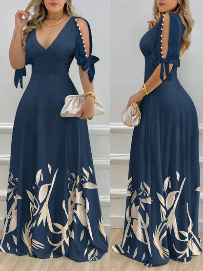 Elegant Women's Dresses Summer Fashion Split Sleeve Pearls Decor Plants Print Split Sleeve Casual V-Neck Half Sleeve Maxi Dress