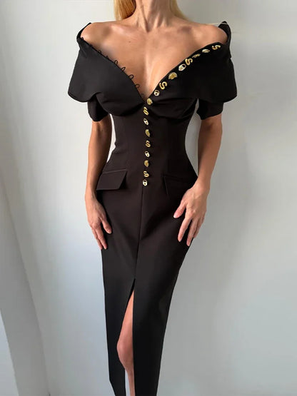Chic Single Breasted Women's Dress Short Sleeve Slim Female Long Dresses 2026 Spring Summer Elegant Party Front Split Lady Robe