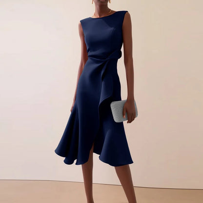 Women Crew Neck Ruffle Banquet Dress Elegant Spring Solid High Waist Slim Long Dress 2025 Summer Sleeveless A-Line Party Dresses