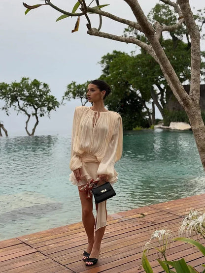 Women Solid O-neck Long Lantern Sleeve Short Dress Fashion Pleated High Waist Lace-up Mini Dresses Summer Vocation Lady Robe