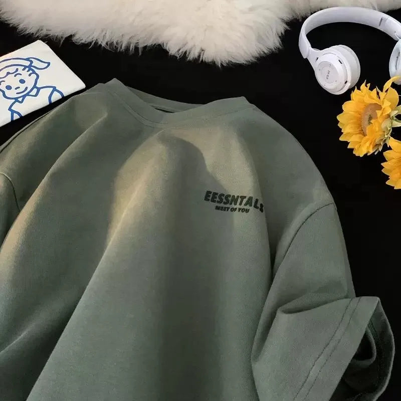 2026 Summer Men's Oversized Letter Print Short Sleeve T-shirt Casual Loose Crew Neck Tee Streetwear Tops for Men