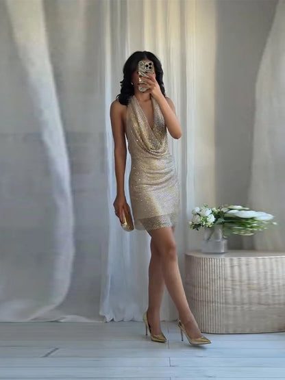 Rhinestone Halter Short Dress Women Sexy Sleeveless Backless Waist Cinching Hip Package Bodycon Party Evening Dresses Streetwear