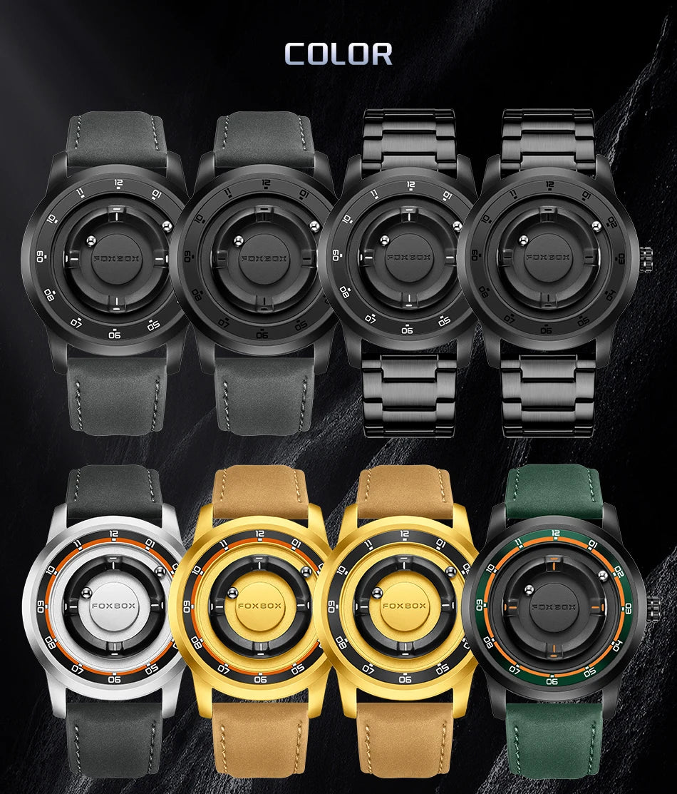 FOXBOX Personalized Mens Watches Creative Simple Floating Magnetic Pointer Quartz Wristwatch Steel Waterproof Watch for Man