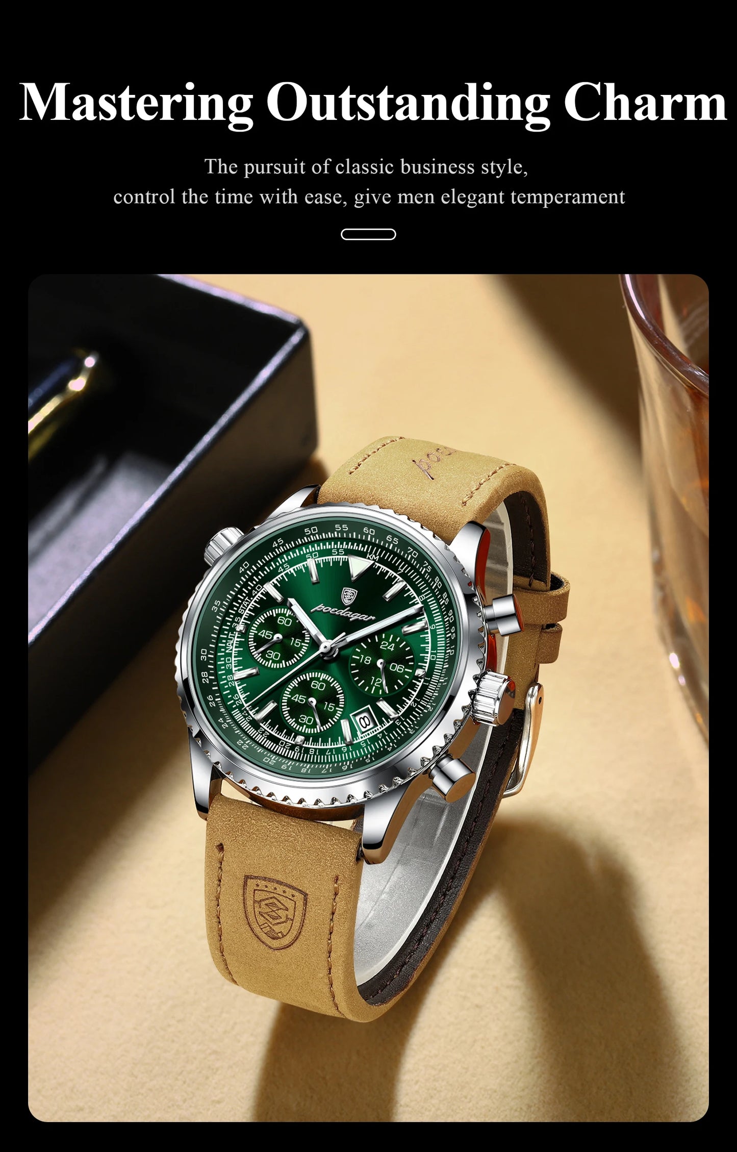 POEDAGAR Business Men Wristwatch Waterproof Luminous Date Chronograph Sport Man Clock Leather Quartz Fashion Men's Watches Reloj