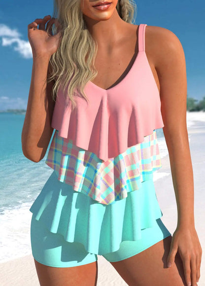 Women's New Summer Two-piece Set with Three-layer Ruffle Edge Printed Sexy Lace Up Casual Beach Swimsuit S-6XL