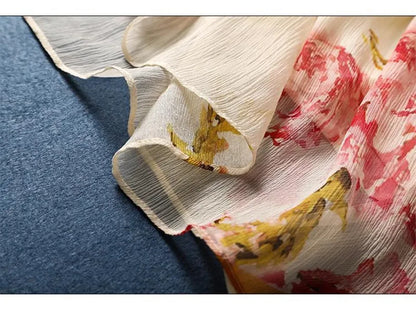 Limiguyue Summer Floral Print Silk Dresses Double Layers Ruffle Beaded Button A-Line Dress Elegant Chiffon Long Vestidos Z044