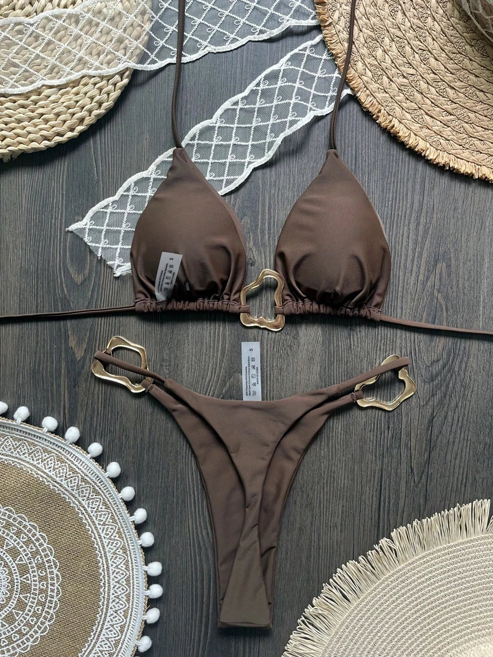 Sexy Solid Color Halter Lace-up Low Waist Bikini Set Women's Two Pieces Triangle Thong Swimsuit Bathing Suit Brazilian Biquinis