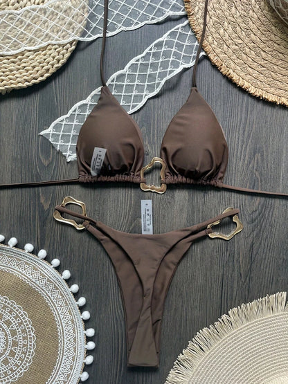 Sexy Solid Color Halter Lace-up Low Waist Bikini Set Women's Two Pieces Triangle Thong Swimsuit Bathing Suit Brazilian Biquinis