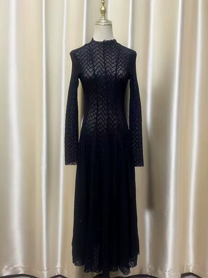 TWOTWINSTYLE Hollow Out Mesh Long Dress for Women Stand Collar Slimming Long Sleeve High Waist Chic Pleated Dresses Female New