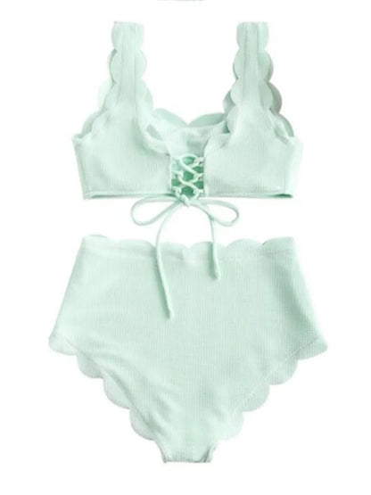 Solid Blue Two Pieces Swimsuit Bathing Suits Bikini Women Scalloped Textured High Waisted Bikini Set Lace Up Bathing Suits XXL