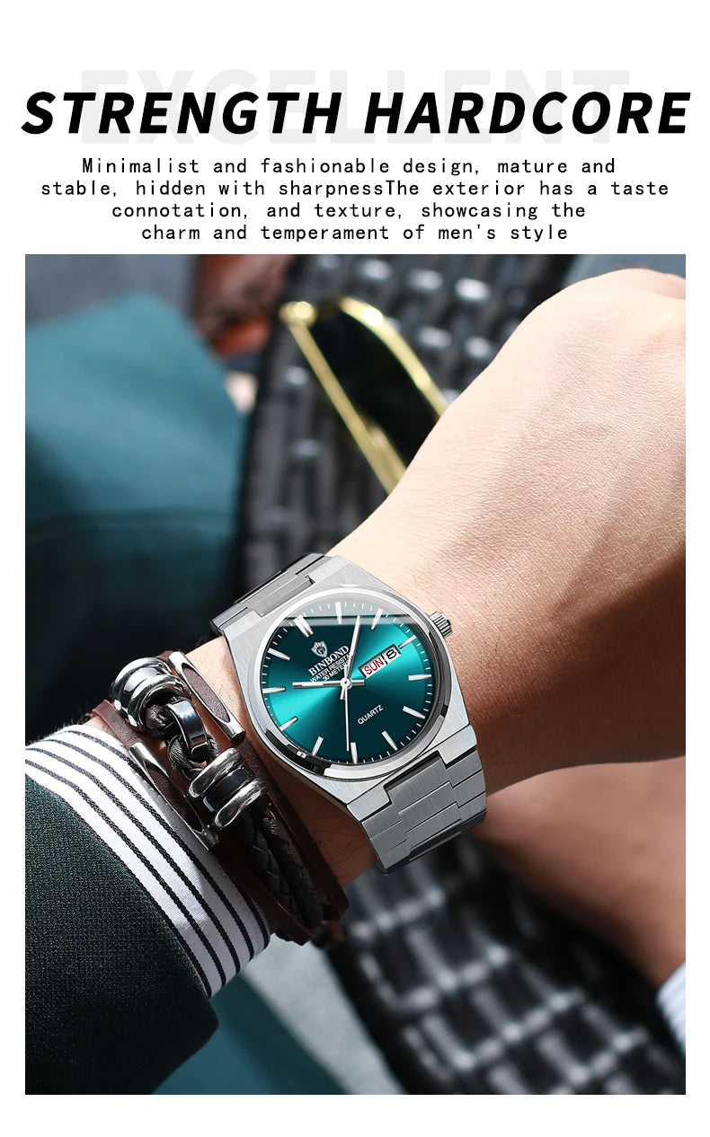 BINBOND Fashion B102 Men Business Watch Leisure Quartz Stainless Steel Buckle Watches Waterproof Luminous Calendar Men's Watches