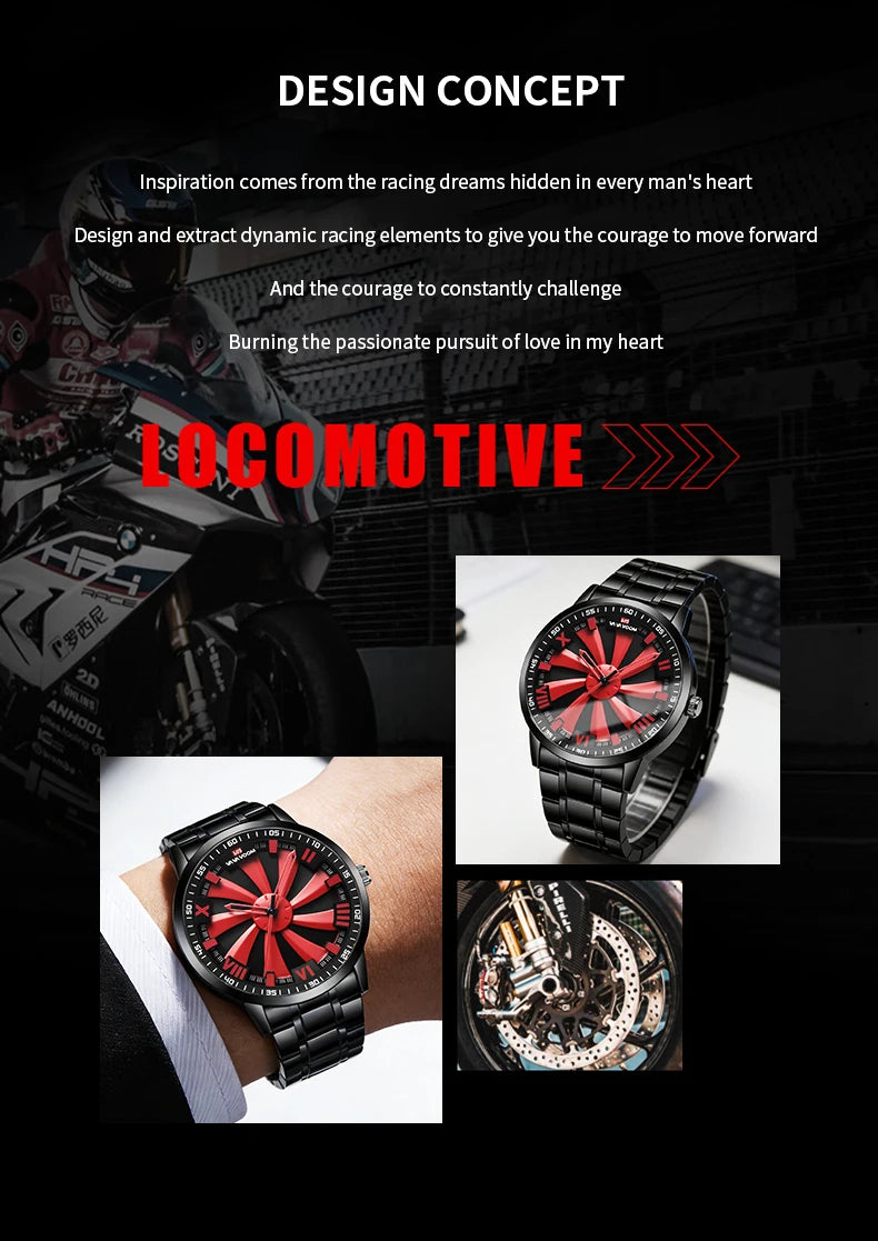 Sports Men Watch 43mm Red Rotating Dial Black Stainless Steel With Quartz Clock Simulation Car Hub 3Bar Daily Waterproof Watches