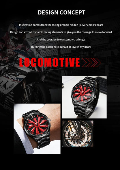 Sports Men Watch 43mm Red Rotating Dial Black Stainless Steel With Quartz Clock Simulation Car Hub 3Bar Daily Waterproof Watches