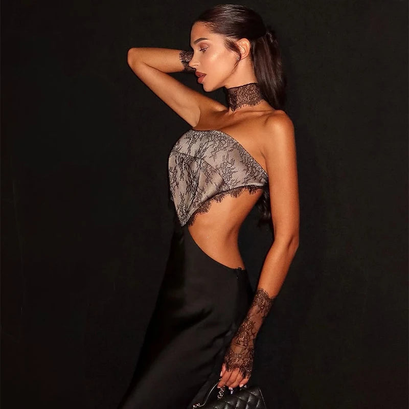 Black Lace Patchwork Satin Backless Dress Women Sexy Strapless Off-Shoulder Maxi Fishtail Dresses 2026 Lady Chic Party Vestido
