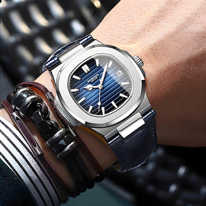 BINBOND precise quartz wristwatches for men luxury luminous waterproof auto date leather strap durabble men's watch casual reloj