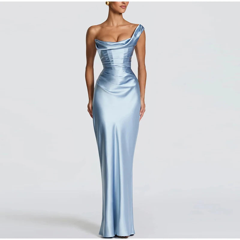 One Shoulder Satin Women 's Maxi Dress Cowl Neck Ruched Waist Bodycon Dresses 2026 Summer Woman Formal Evening Party Vestidos