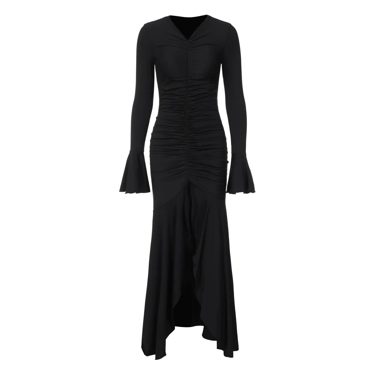 Women Elegant Ruffle Hem White Long Dress Fashion Shirring V-neck Flare Long Sleeve Dresses 2024 New Evening Party Robes Vestido