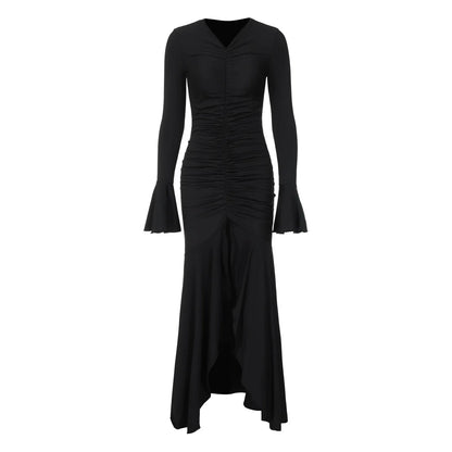 Women Elegant Ruffle Hem White Long Dress Fashion Shirring V-neck Flare Long Sleeve Dresses 2024 New Evening Party Robes Vestido