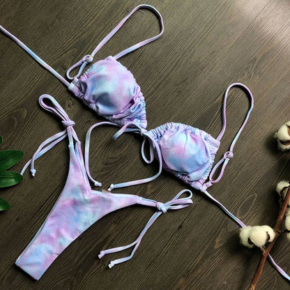BIQIUYYI Brazilian Sexy Micro Mini Thong Bikini Set Summer Bandage Swimsuit Women Pleated Bathing Suit Beachwear Halter Biqiuni