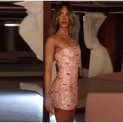 Fish Scale Sequins Strapless Bodycon Dress Women Elegant Shining Sleeveless Slim Mini Dresses 2026 Summer Party Vacation Gowns