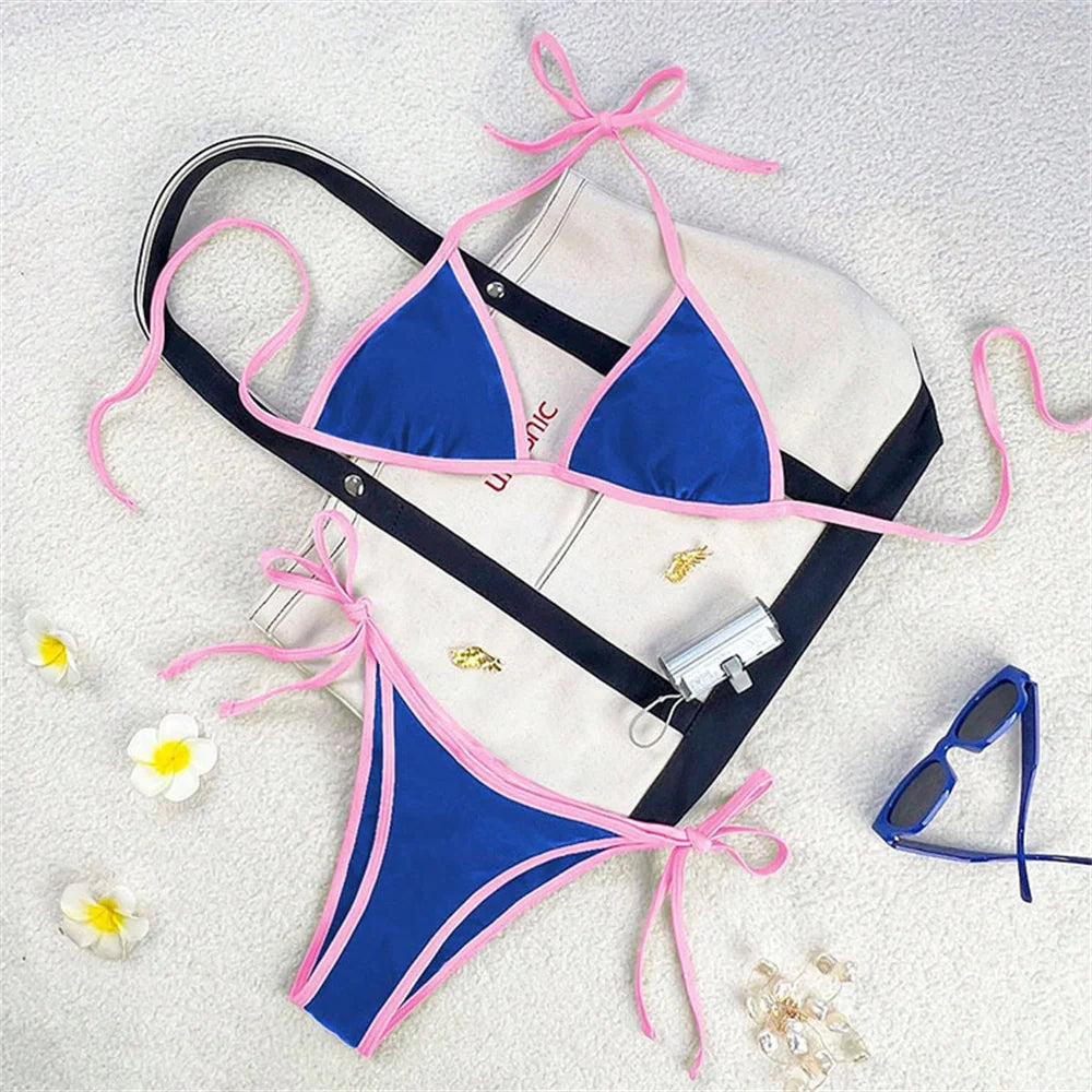Vintage Blue Bikinis Set Triangle Border String Swimsuit Push Up Swimwear Backless Extrem Bikini Women Beach Outfit Bathing Suit
