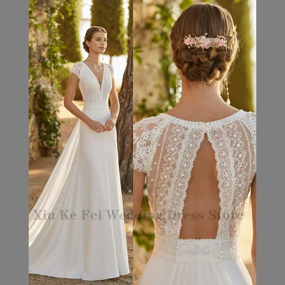 Ivory Ladies Elegant Lace Satin Modern Wedding Dresses Mermaid With Detachable Train V Neck Bridal Gowns Plus Size Customized De