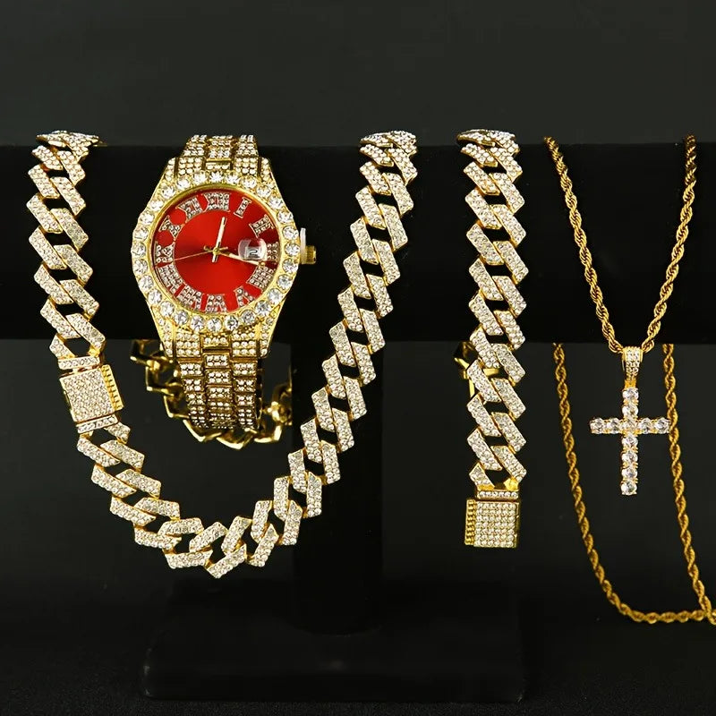 3/4PCS Hip Hop Iced Out Men's Watch Jewelry Set Luxury Rhinestone Quartz Wristwatch Cuban Link Chain Accessories（Without Box）