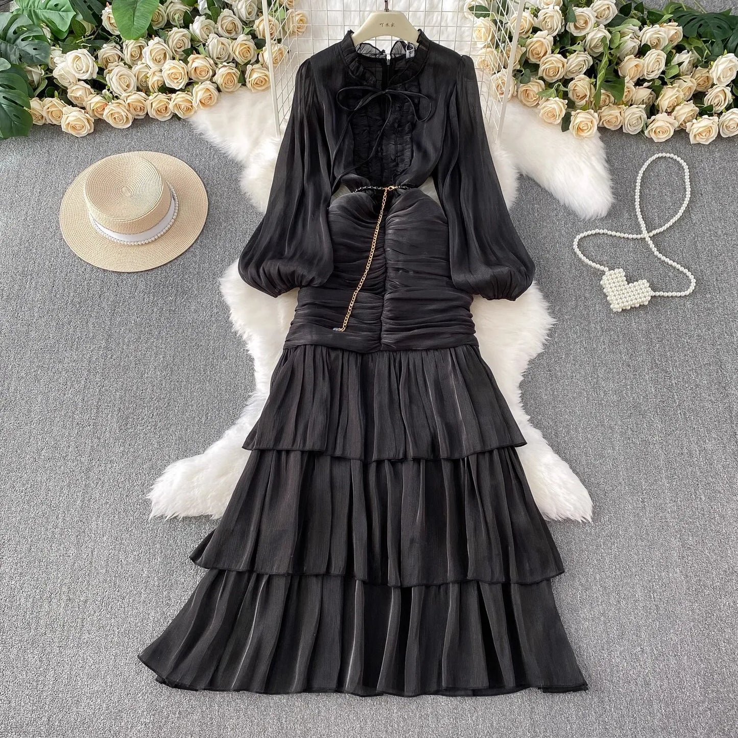 Elegant Autumn Ruffles Long Sleeve Maxi Mermaid Dress Women Hollow Out Casual Satin Fishtail Cake Dresses Prom Evening Vestidos
